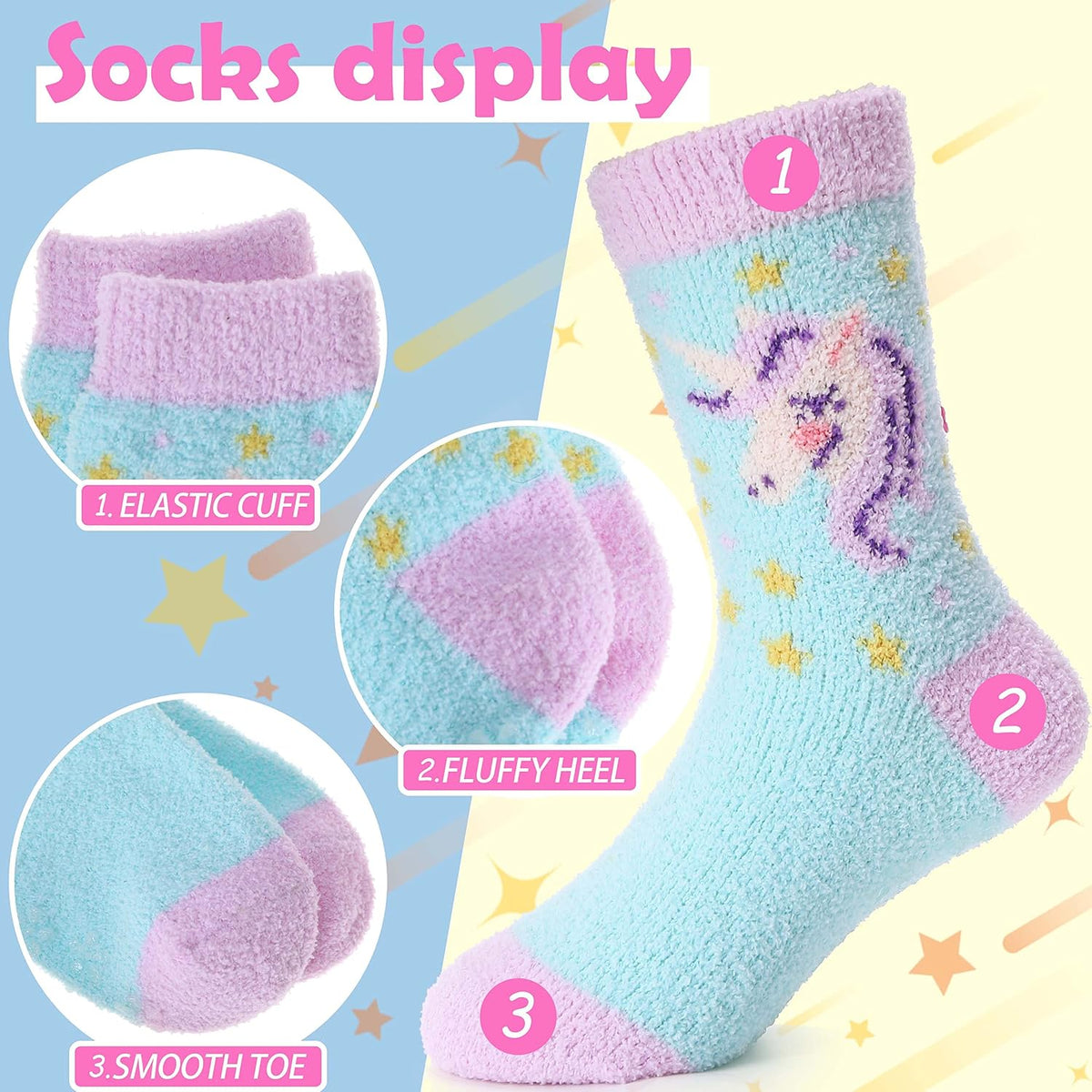 ANTSANG Kids Girls Toddlers Fuzzy Socks with Grips, Crew Socks 6 Pairs