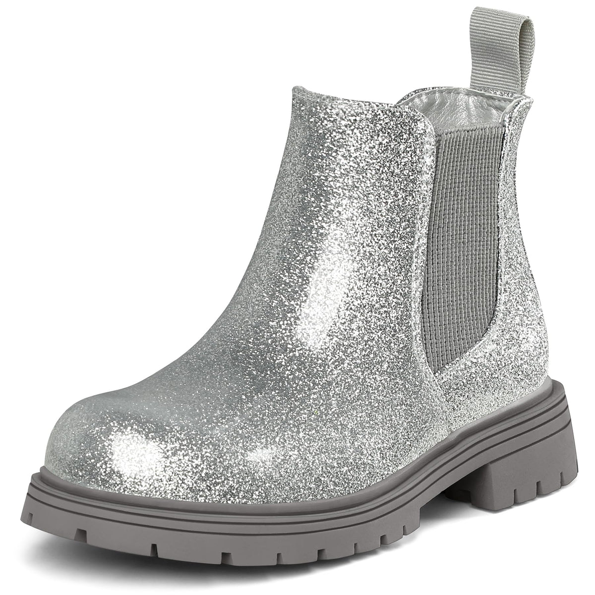 K KomForme Girl Glitter Ankle Boot Side Zipper Chelsea Booties Lug Sole