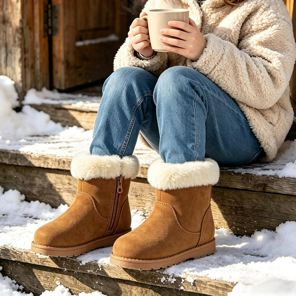 Vonair Girls Fuzzy Warm Winter Short Boots with Furry Faux Fur Lining Bootie Shoes for Toddler Little Big Kids Girls