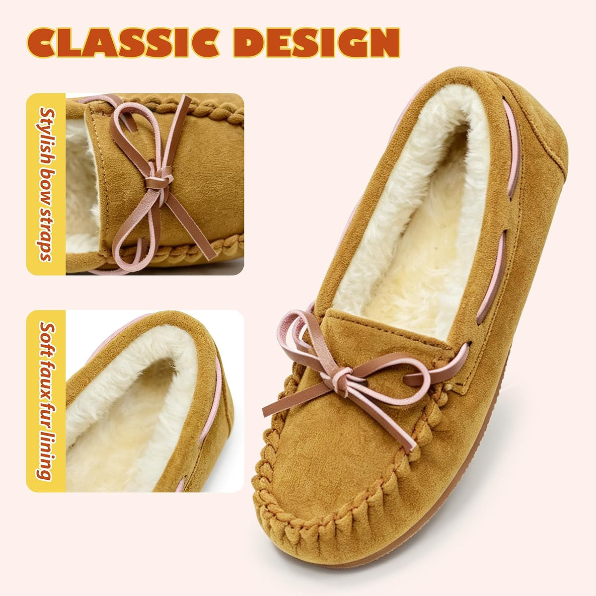 Vonair Girls Slippers Faux Fur Moccasin House Shoes Bow