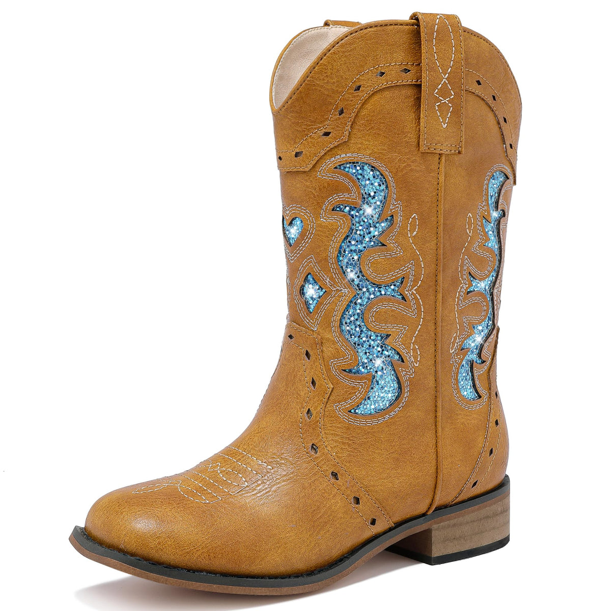 LAURMOSA Kids Cowgirl Boots for Girls Western Square Toe Girls Sparkle Boots Zipper Mid Calf Low Heel Horse Riding for Toddler Little Big Kids