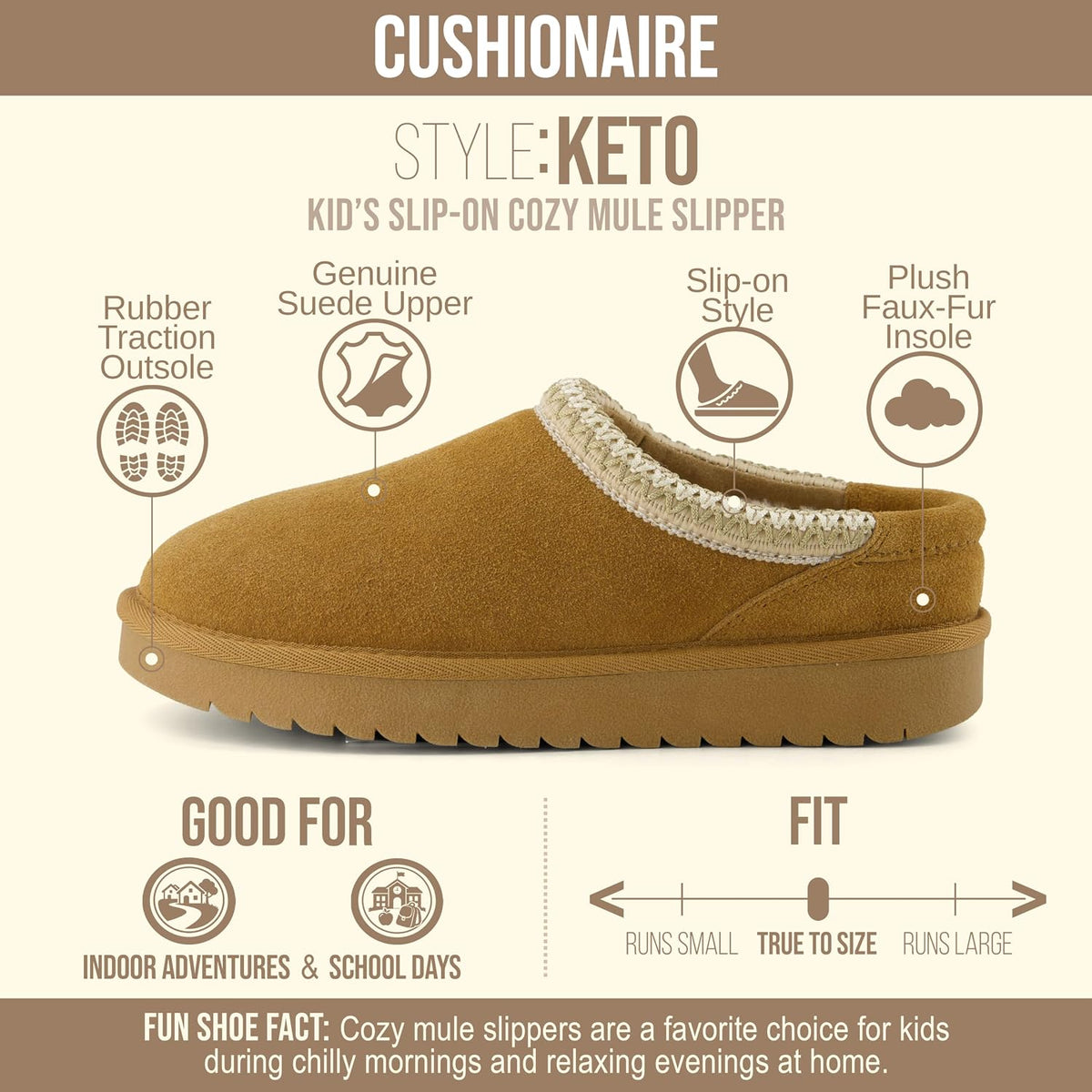 CUSHIONAIRE Keto Genuine Suede Leather Kids Slippers for Boys and Girls – Cozy Slip-On Mule House Shoes with Faux Fur Lining, Cushioned Memory Foam Comfort