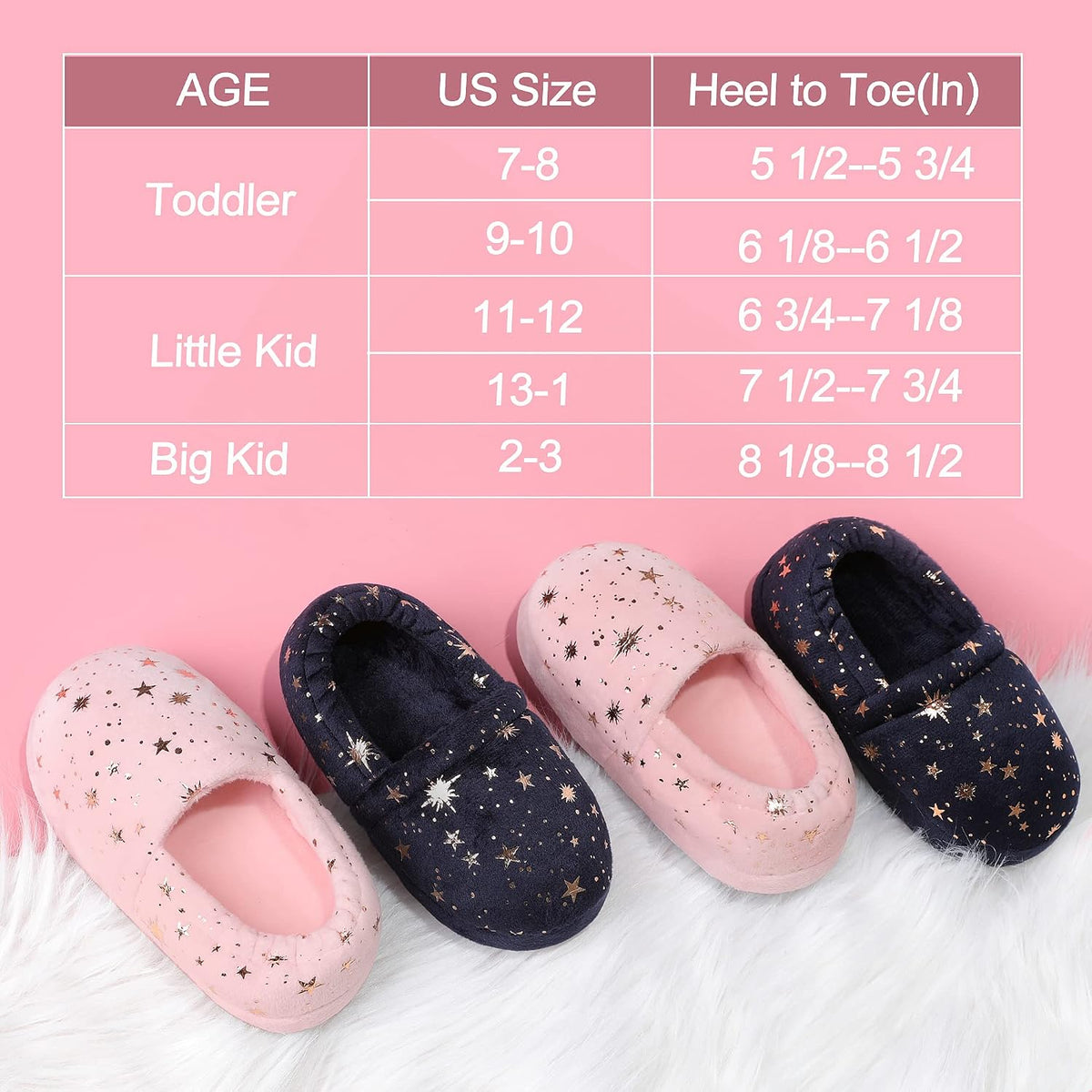 Bigwow Girls House Slippers Cozy Memory Foam Indoor Outdoor Shoes with Non-Slip Sole Star Print for Toddler Little Kids (Pink/Navy Blue)