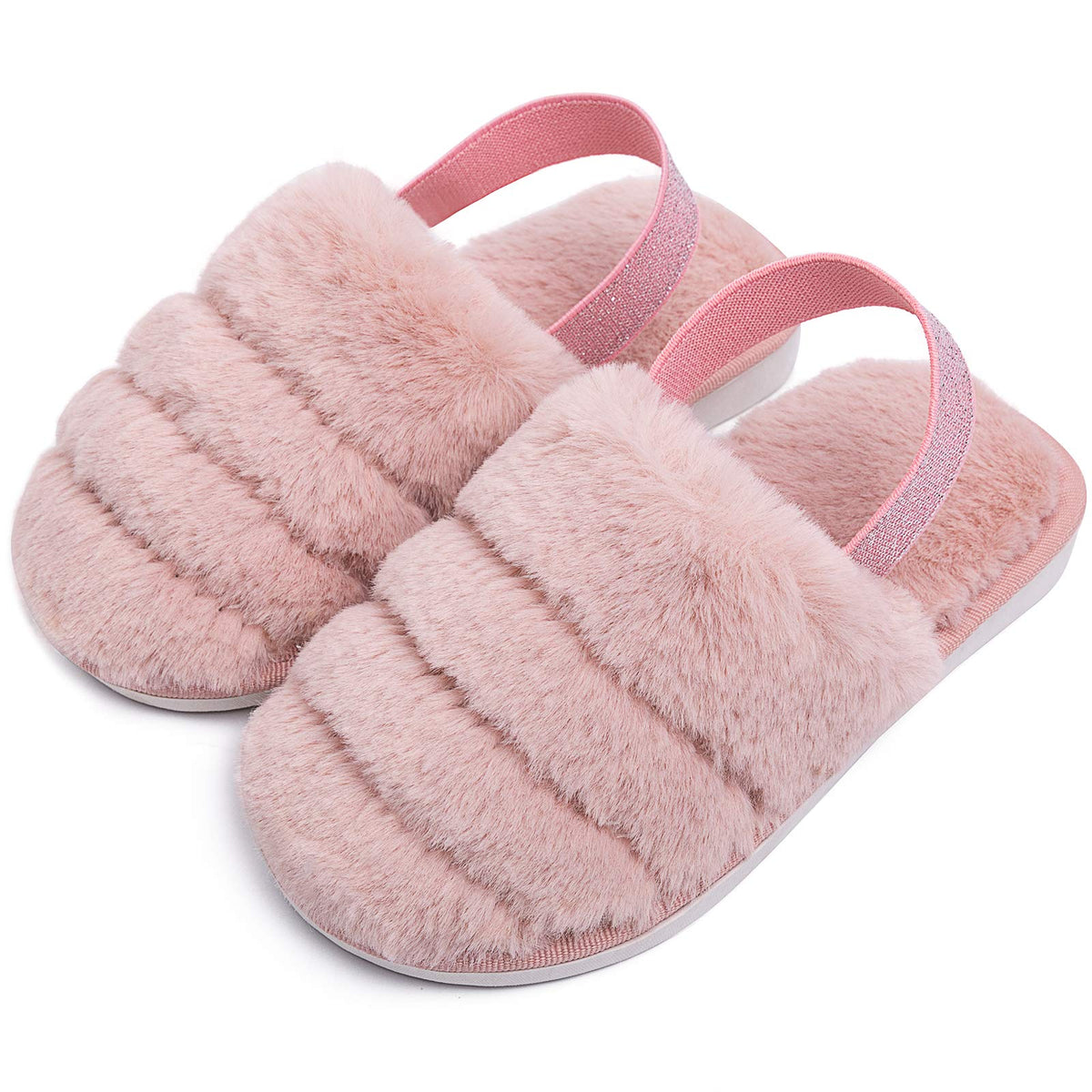 Kids Fluffy Fuzzy Slippers Open Toe House Home Slippers for Boys and Girls Faux Fur Slides with Strap Little Kids Slip-on Shoes