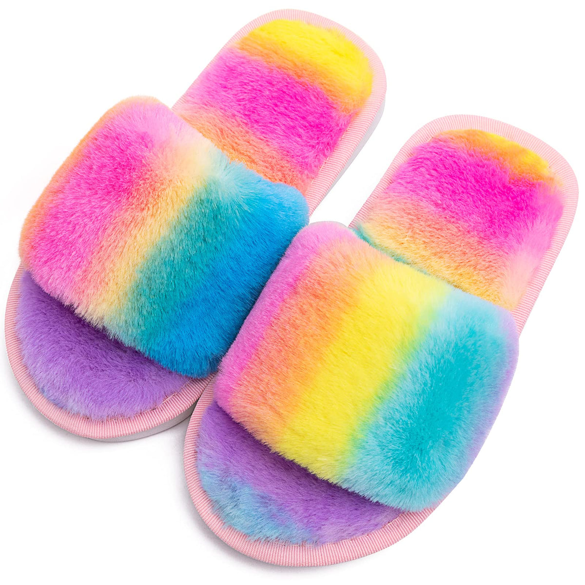 techcity Boys Girls Fuzzy House Slippers Cute Comfy Faux Fur Slip On Fluffy Plush Open Toe Home Slides for Kids Indoor Outdoor Warm Shoes
