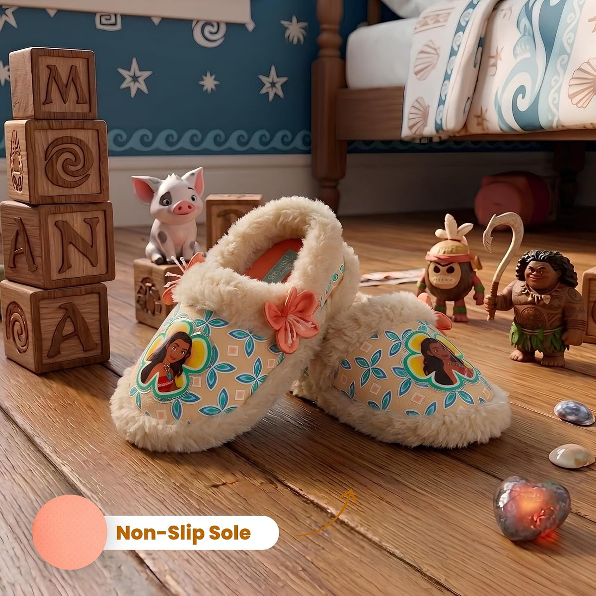Disney Girls' Moana Slippers - Princess Moana Plush Fuzzy Slippers (Toddler/Little Girl)