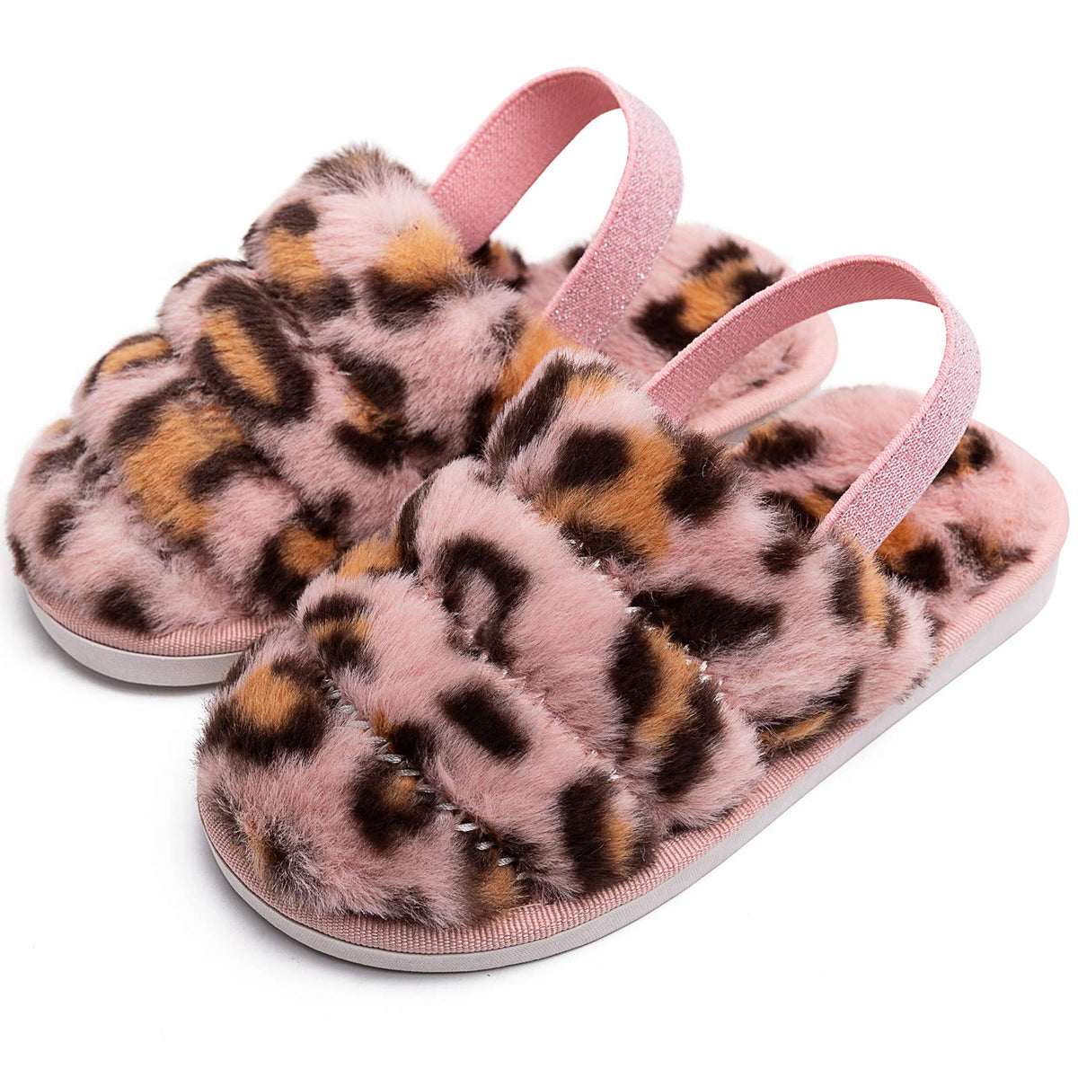 Kids Fluffy Fuzzy Slippers Open Toe House Home Slippers for Boys and Girls Faux Fur Slides with Strap Little Kids Slip-on Shoes