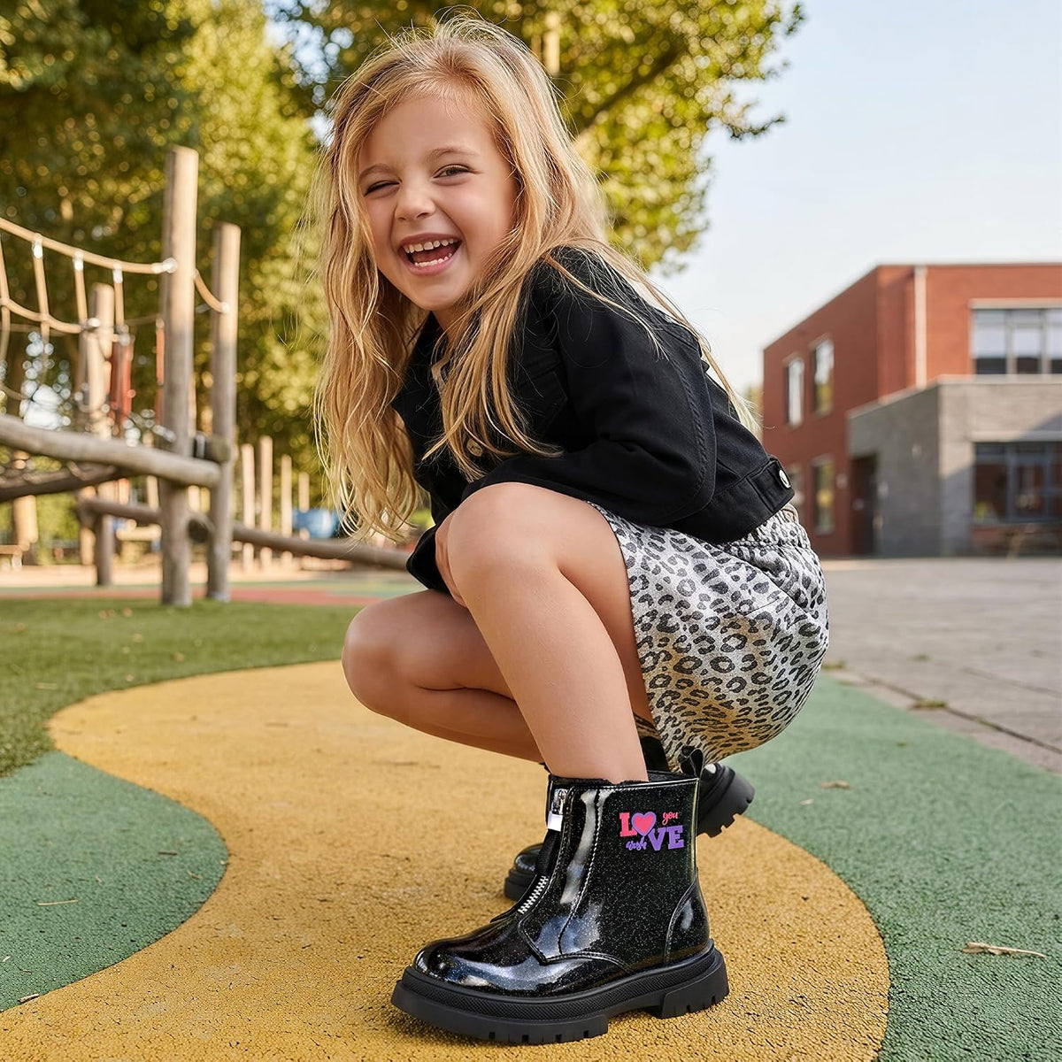 Girls Black Combat Ankle Boots Glitter with Front & Side Zippers