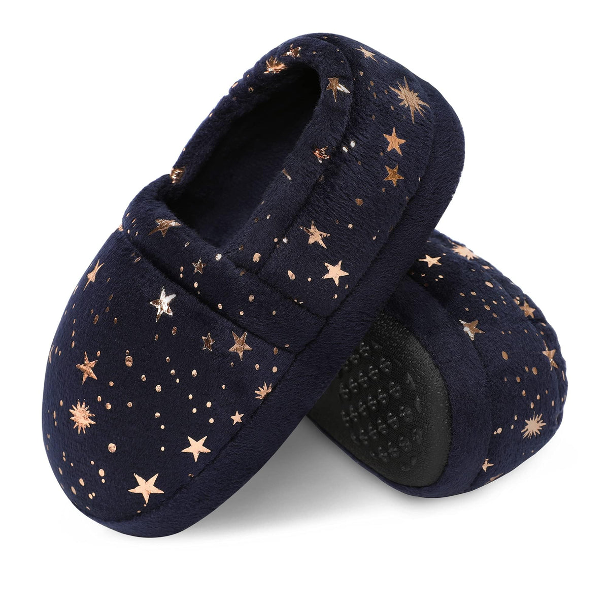 Bigwow Girls House Slippers Cozy Memory Foam Indoor Outdoor Shoes with Non-Slip Sole Star Print for Toddler Little Kids (Pink/Navy Blue)