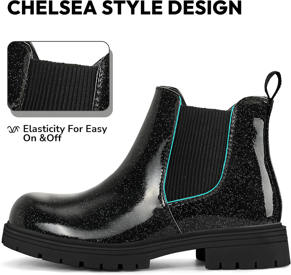 K KomForme Girl Glitter Ankle Boot Side Zipper Chelsea Booties Lug Sole