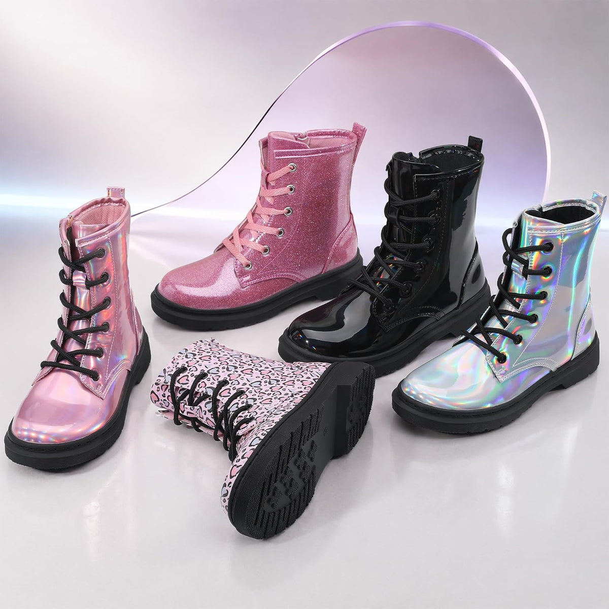 shoeslocker Girls Boots Shiny Stylish Comfort Combat Ankle Bootie