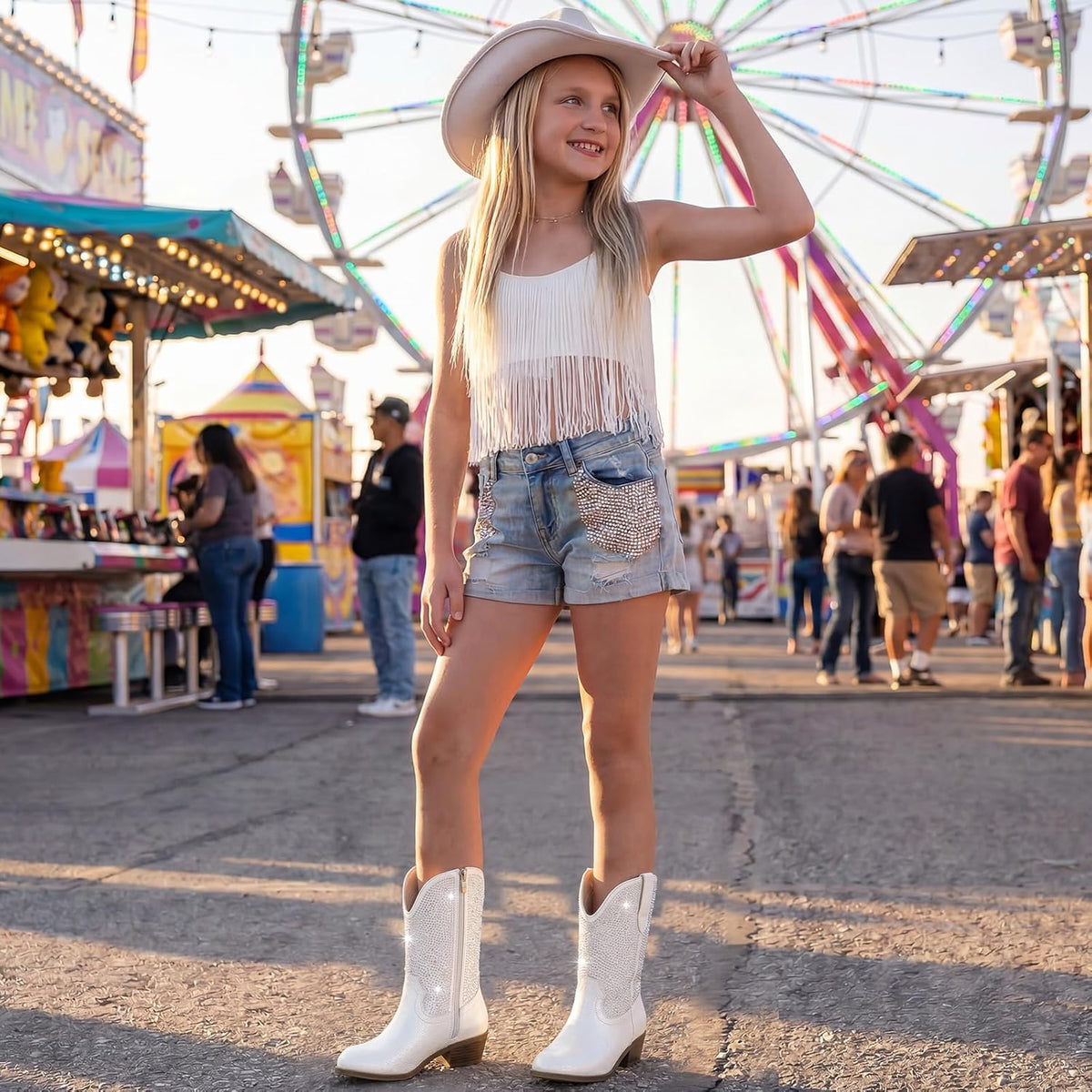 Rhinestone Girls Cowgirl Boots - Sparkly Cowboy Boots for Little Big Kids Toddler With Side Zipper Rounded Toe Non-Slip Comfortable Daily Birthday Halloween Rodeo Western Party Outfit