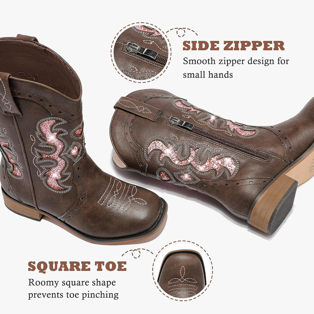 LAURMOSA Kids Cowgirl Boots for Girls Western Square Toe Girls Sparkle Boots Zipper Mid Calf Low Heel Horse Riding for Toddler Little Big Kids