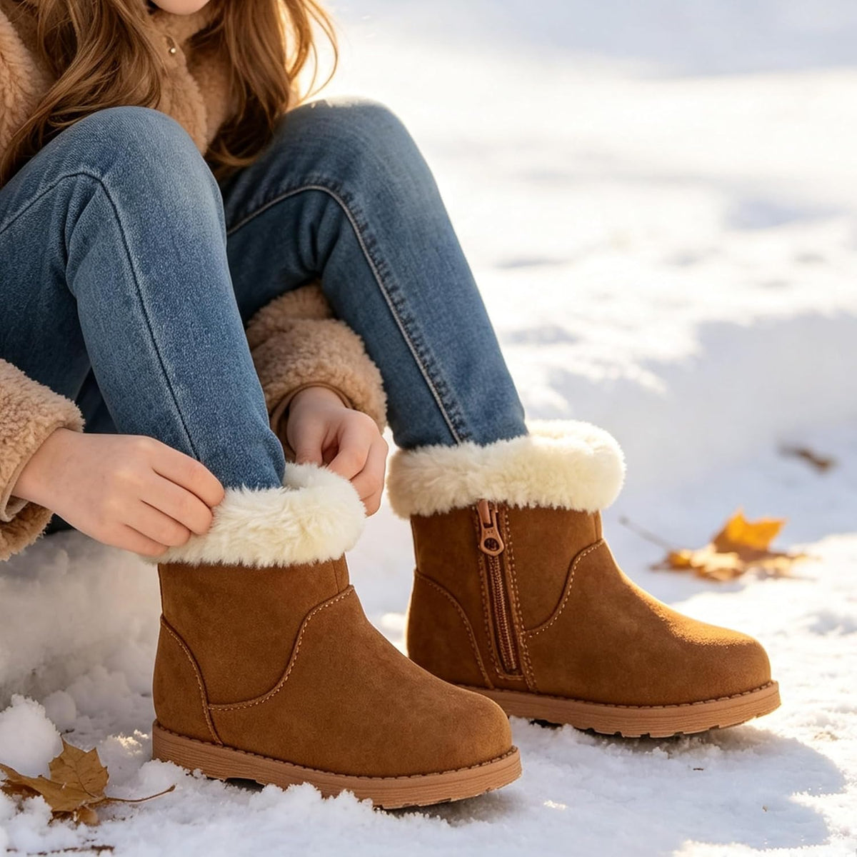 LseLom Girls-Boots-Warm-Ankle-Winter-Boots Kids Soft Plush Lining Fur Collar with Zipper Snow Bootie Indoor Outdoor Shoes for Toddler Little Big Kids Girls