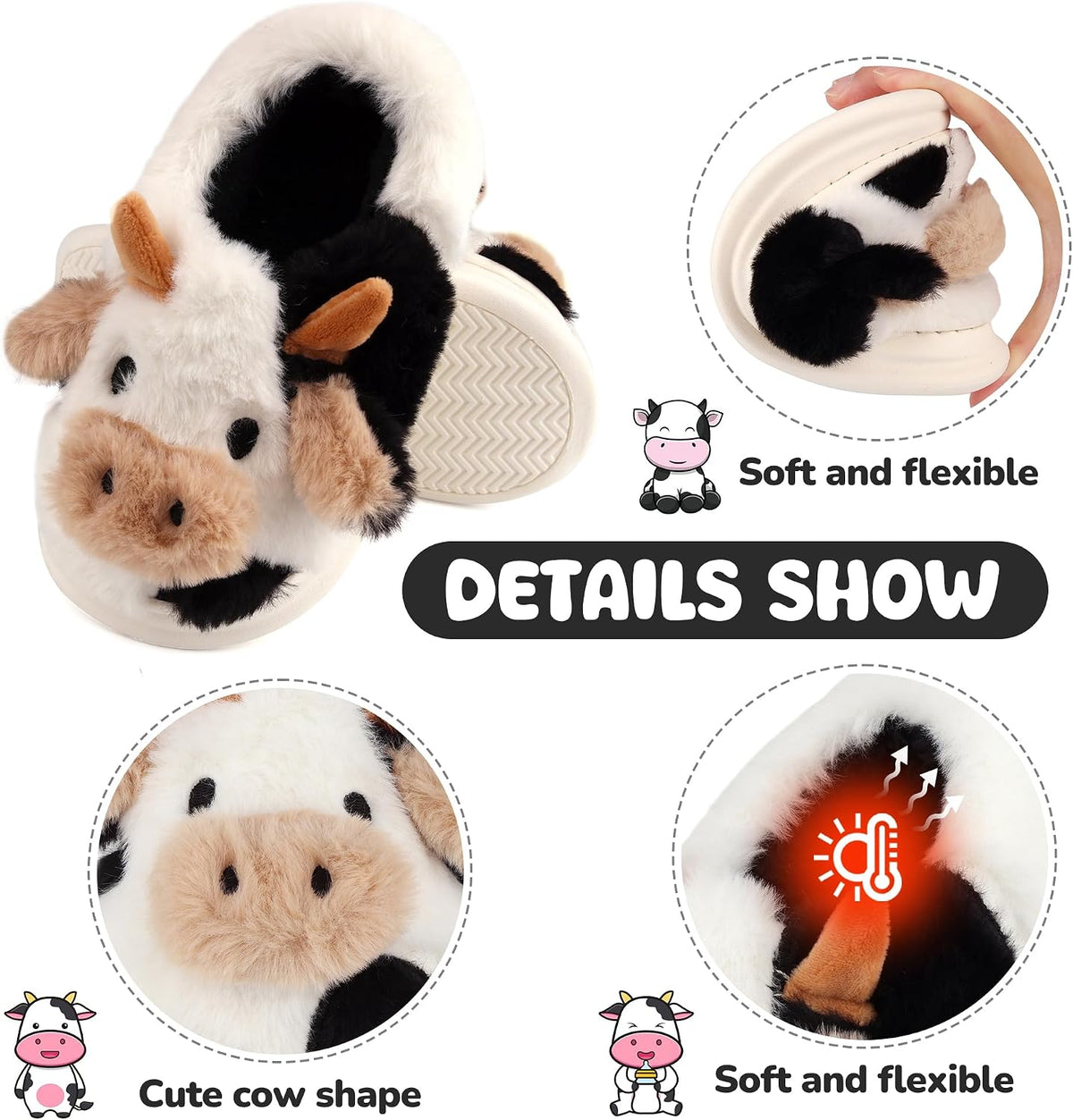 Kids Cow Slippers Toddler Boys Girls Soft Plush House Slippers Cute Animal Winter Comfy Warm Fuzzy Memory Foam Non-slip Indoor Outdoor Shoes