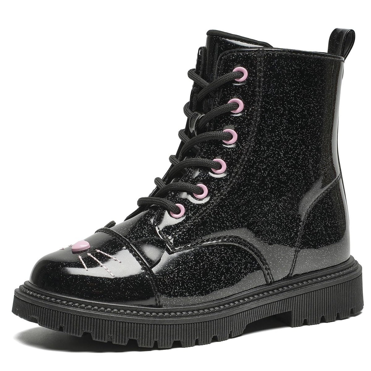 Girls Black Glitter Combat Ankle Boots with Zippers & Laces