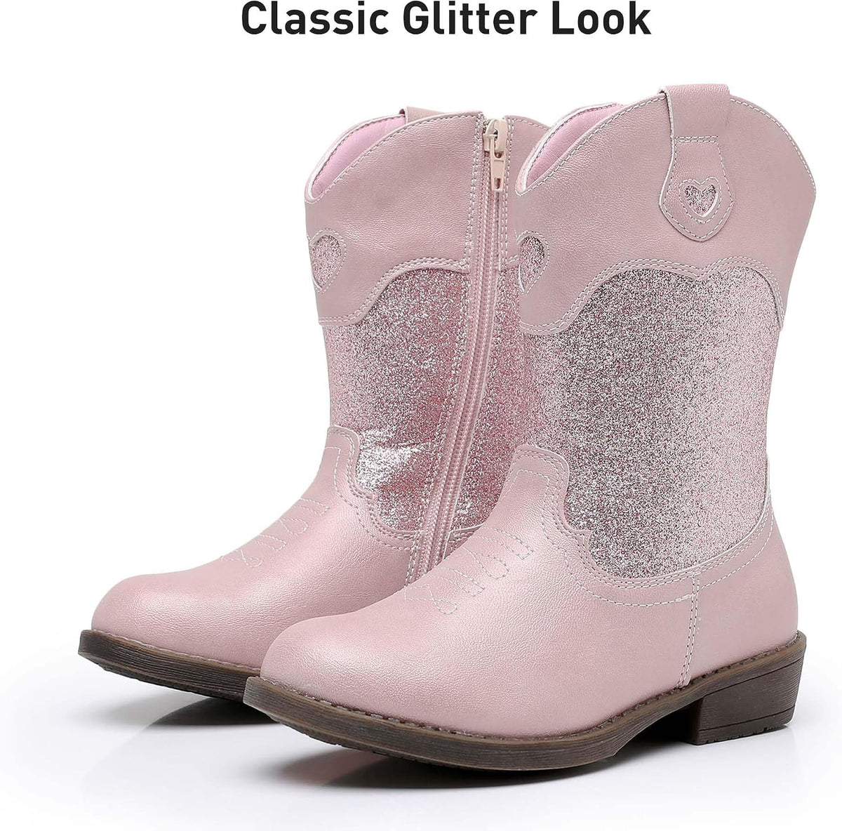 Ahannie Girls Cowboy Boots with Side Zipper – Western Cowgirl Boots for Toddler, Little Kid & Big Kid in Glitter or Classic Embroidery
