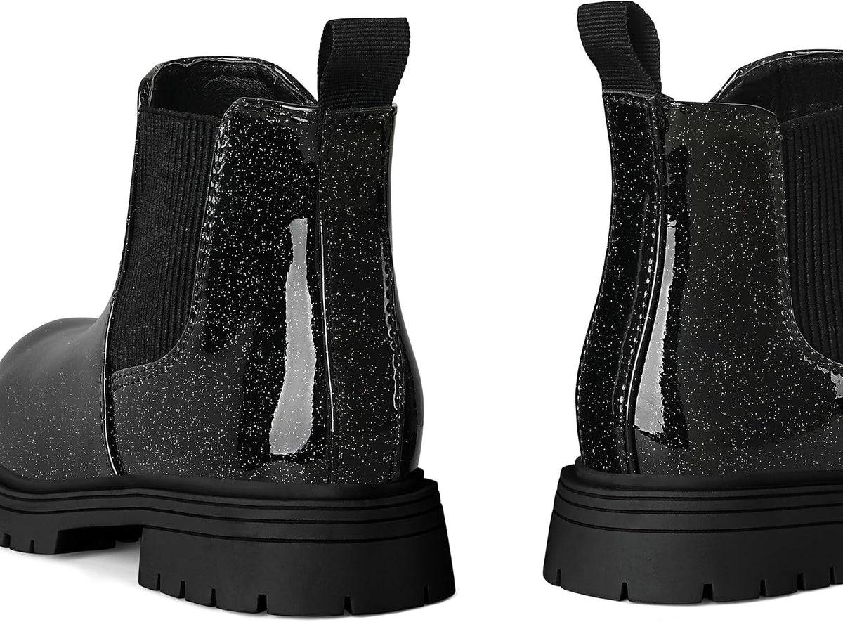 K KomForme Girl Glitter Ankle Boot Side Zipper Chelsea Booties Lug Sole