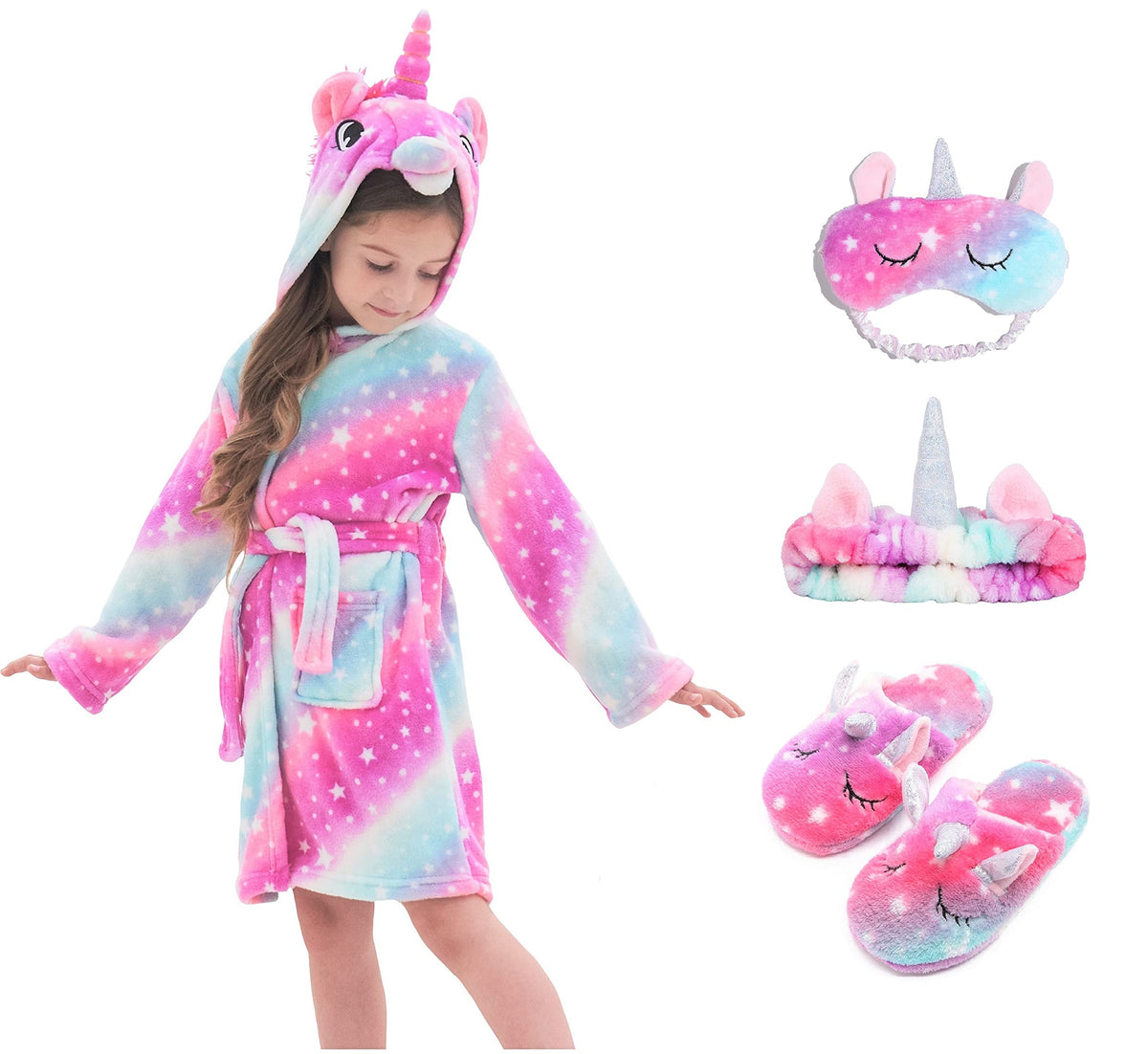 CHETOSHO Soft Unicorn Hooded Robe with Matching Slippers Headband and Blindfold for Girls