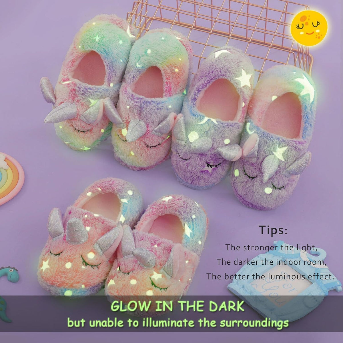 Kids Unicorn Slippers Boys Girls House Shoes Non Slip Warm Indoor Slipper Shoes Plush Cute Animal Luminous Glow in the Dark