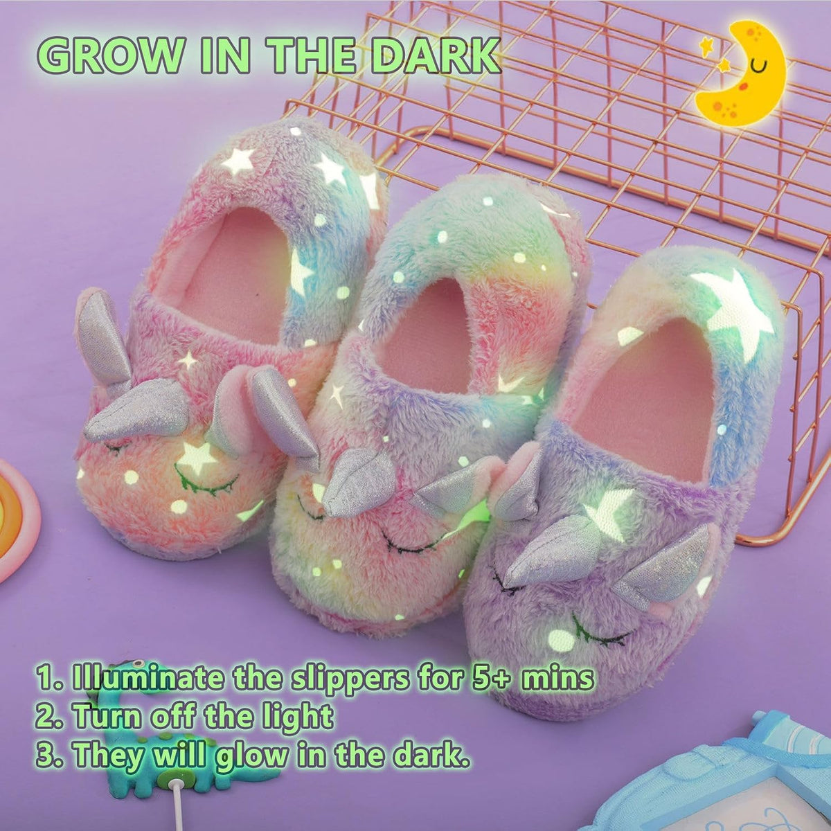 Kids Unicorn Slippers Boys Girls House Shoes Non Slip Warm Indoor Slipper Shoes Plush Cute Animal Luminous Glow in the Dark