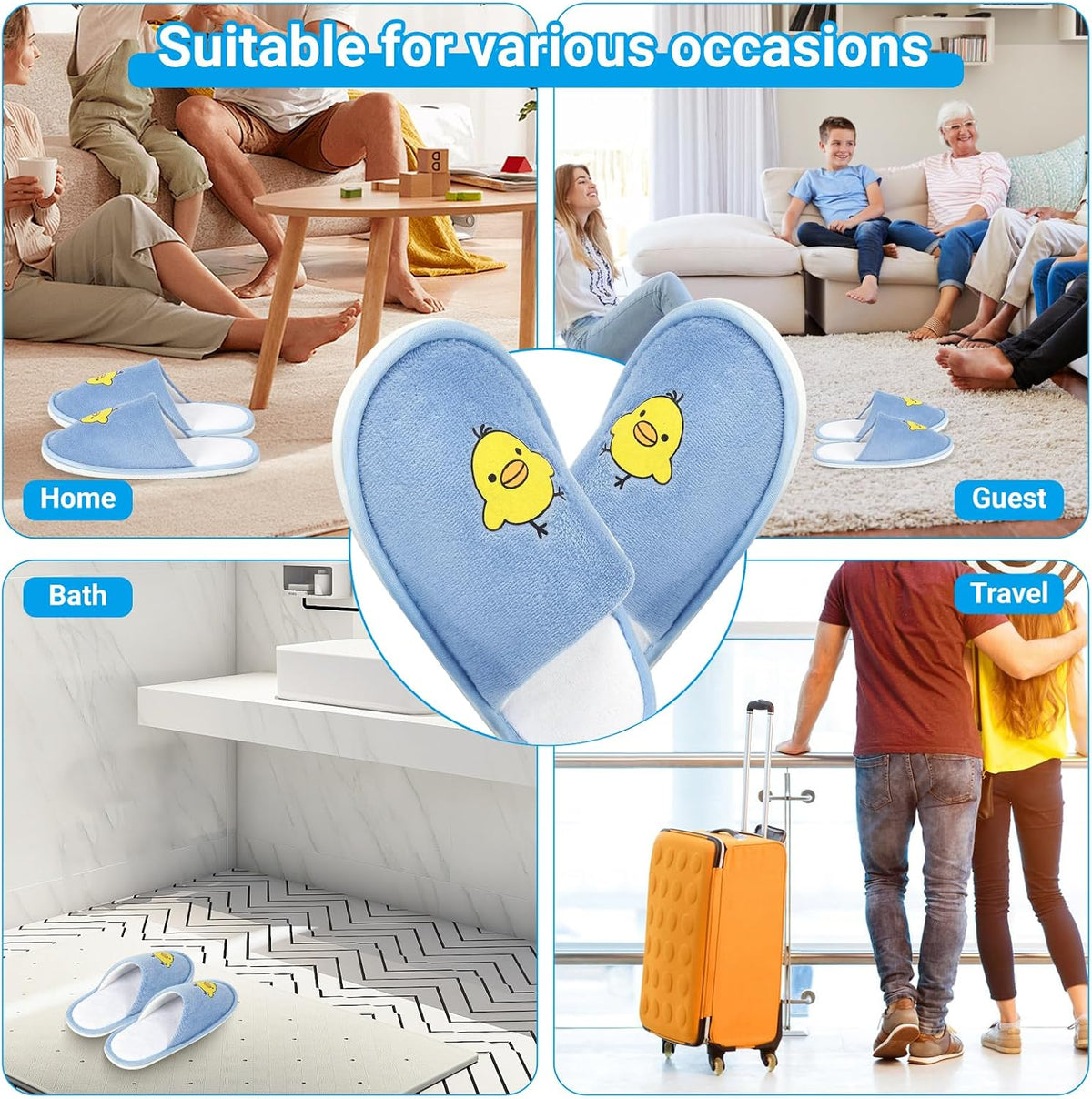 6x Spa Disposable Slippers for 6-10 Years Kids Indoor House Hotel Swimming Slippers for Children Guests Kid Spa Smiley Yellow Chicken Face Slipper,Size 2.5-3
