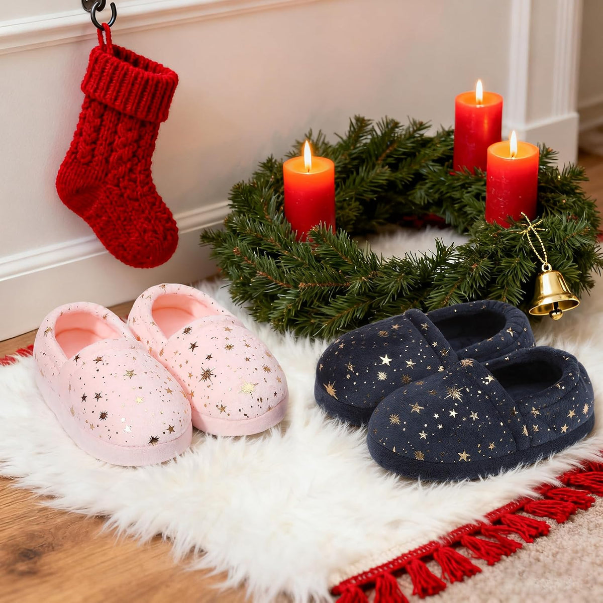 Bigwow Girls House Slippers Cozy Memory Foam Indoor Outdoor Shoes with Non-Slip Sole Star Print for Toddler Little Kids (Pink/Navy Blue)