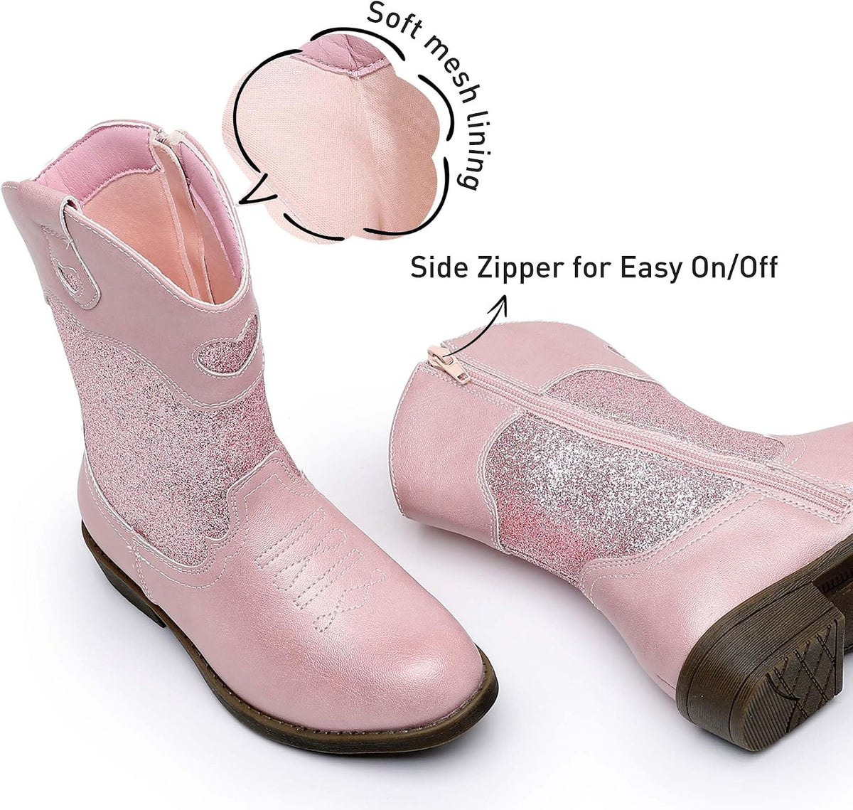 Ahannie Girls Cowboy Boots with Side Zipper – Western Cowgirl Boots for Toddler, Little Kid & Big Kid in Glitter or Classic Embroidery