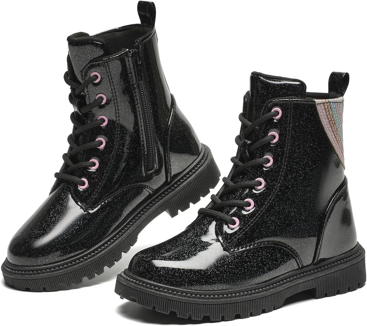 Girls Black Glitter Combat Ankle Boots with Zippers & Laces
