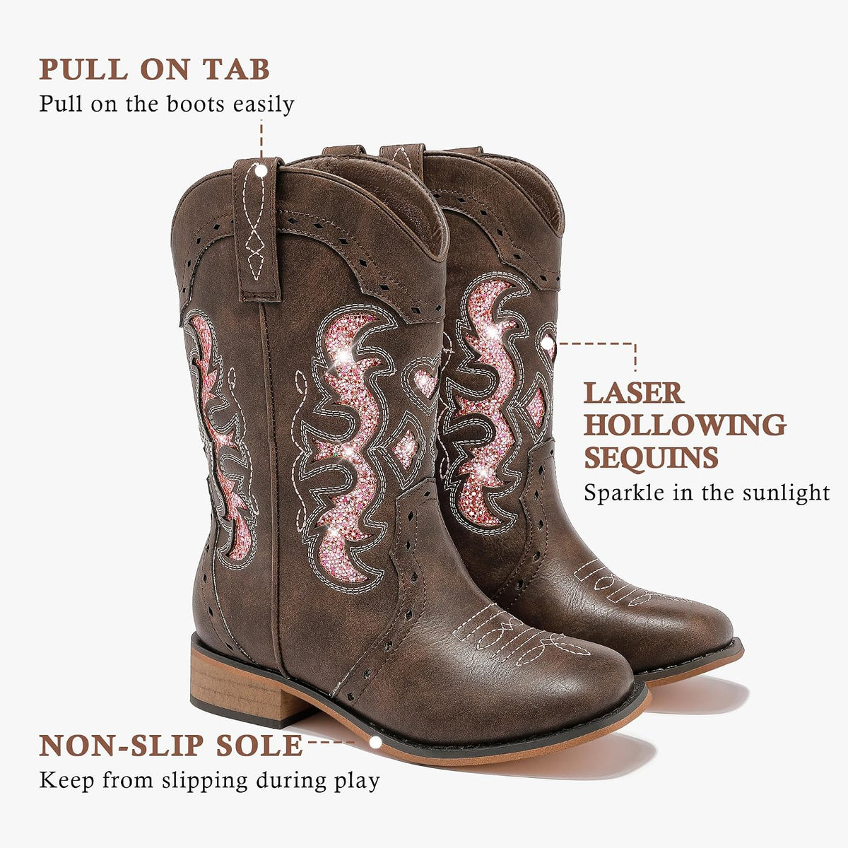 LAURMOSA Kids Cowgirl Boots for Girls Western Square Toe Girls Sparkle Boots Zipper Mid Calf Low Heel Horse Riding for Toddler Little Big Kids