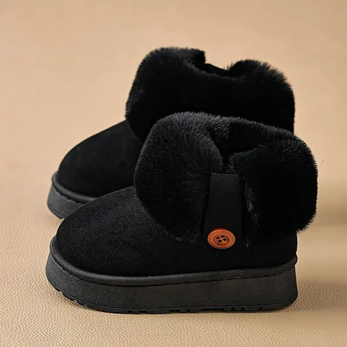 2025 New ' Winter Boots with Plush -Like Collar & Thickened Fleece - Slip-On/Snap Closure Mid-Calf Snow Shoes for Boys & Girls, Warm Indoor/Outdoor Use, Beige Brown (No Edges, Easy On/Off)