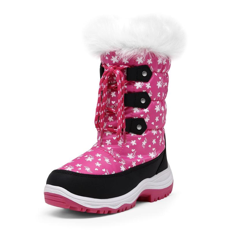 Dream Pairs Girls' Round Toe Mid-Calf Snow Boots - Water-Resistant Upper, Cozy Faux Fur Lining, Side Zipper, Laces, Warm, 9" Around, No Heel, High-Quality Fluff, for Outdoor Skiing, Making Snowmen, Size for 12-13 Years