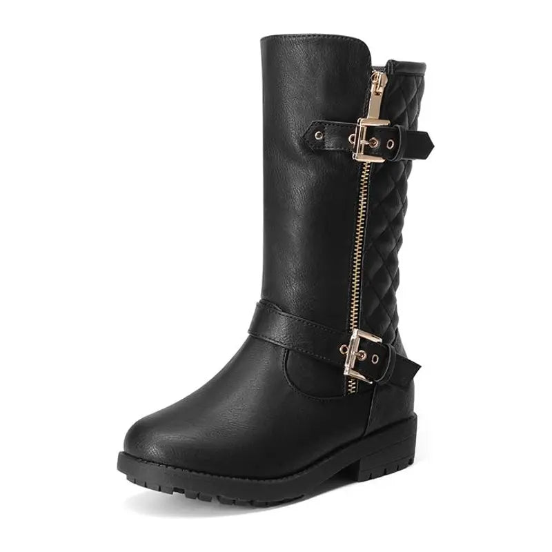 Dream Pairs Girls' Faux Fur Padded Low 0.25" Heel Riding Flatform Boots - Round Toe, 8-9 & 10-11 Years Kids' Footwear with Fitting Tips, Approx 7" Flat Heel Design