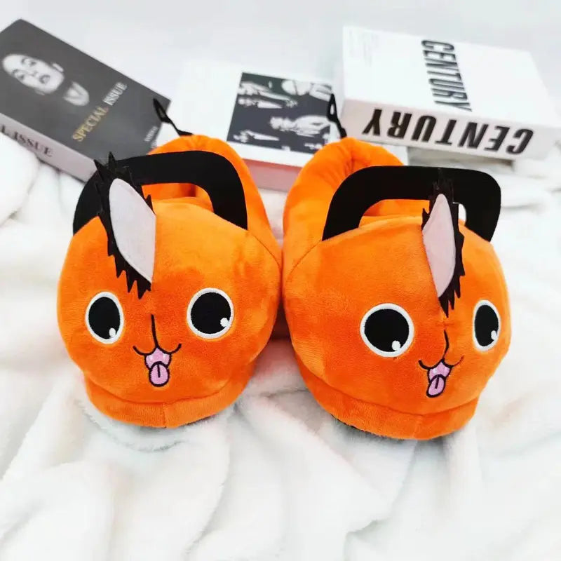 Anime Chainsaw Man Pochita Plush Slip-On Slippers for Women - Warm Fuzzy Fabric, Non-Slip Flat Sole, Cute Cartoon Design, Stress-Relieving, 35-43 Sizes (Toys & Hobbies - Classic & Novelty Stress Relief Toys)