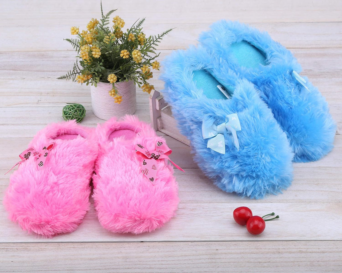 Onmygogo Girls Fuzzy Winter Indoor Slippers with Floral Bowknot, Warm Cozy Plush House Slippers for Little Big Kids Girls