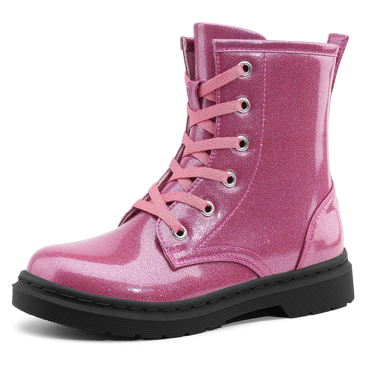 shoeslocker Girls Boots Shiny Stylish Comfort Combat Ankle Bootie