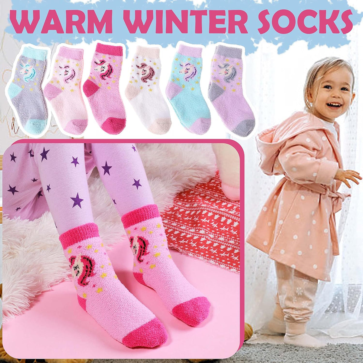 ANTSANG Kids Girls Toddlers Fuzzy Socks with Grips, Crew Socks 6 Pairs