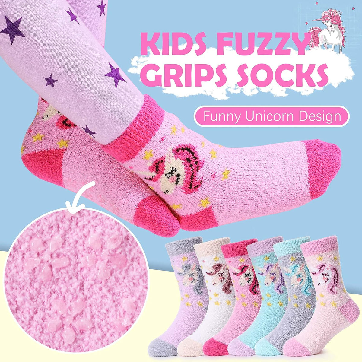 ANTSANG Kids Girls Toddlers Fuzzy Socks with Grips, Crew Socks 6 Pairs