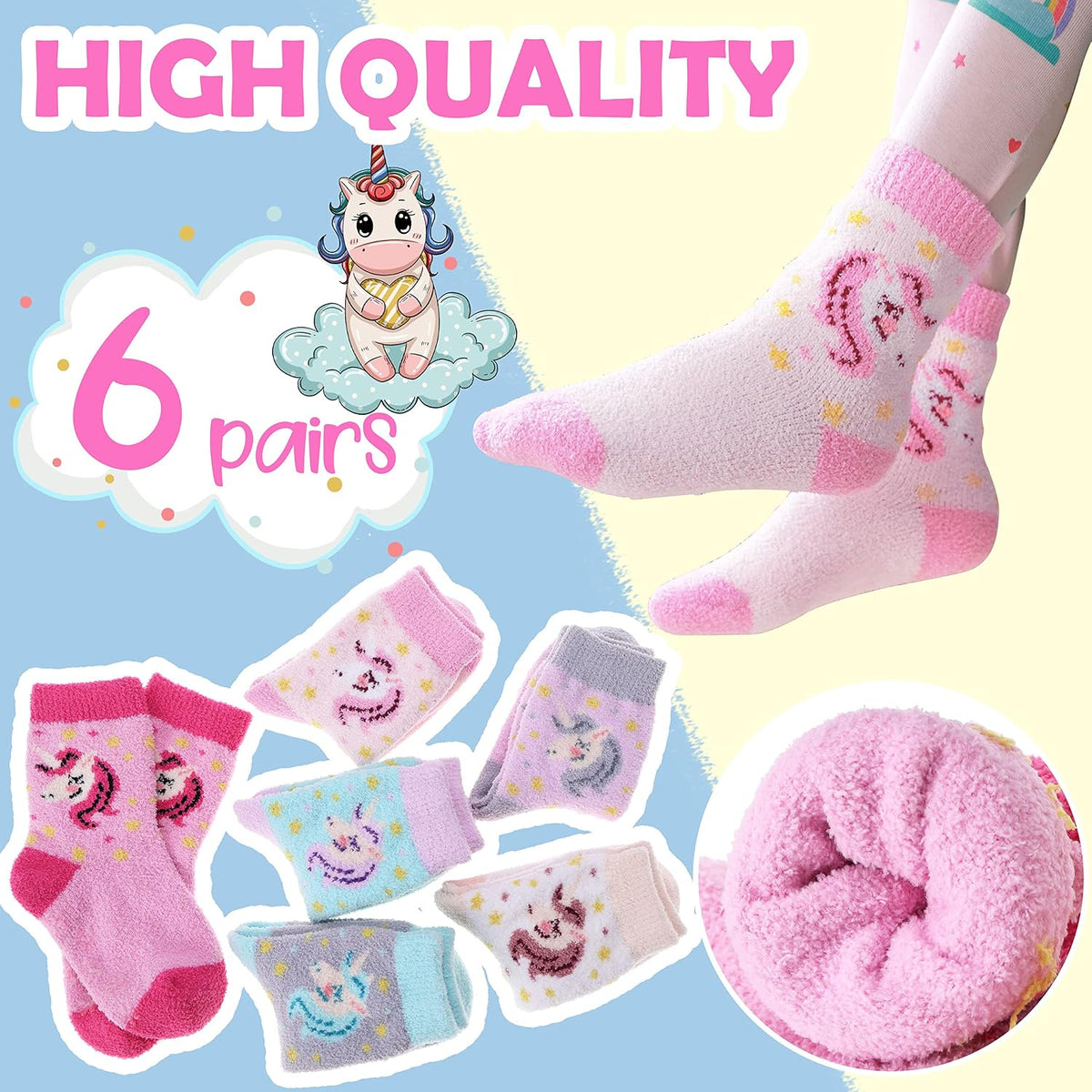 ANTSANG Kids Girls Toddlers Fuzzy Socks with Grips, Crew Socks 6 Pairs