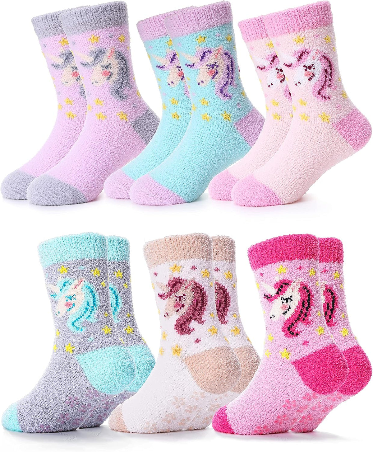 ANTSANG Kids Girls Toddlers Fuzzy Socks with Grips, Crew Socks 6 Pairs