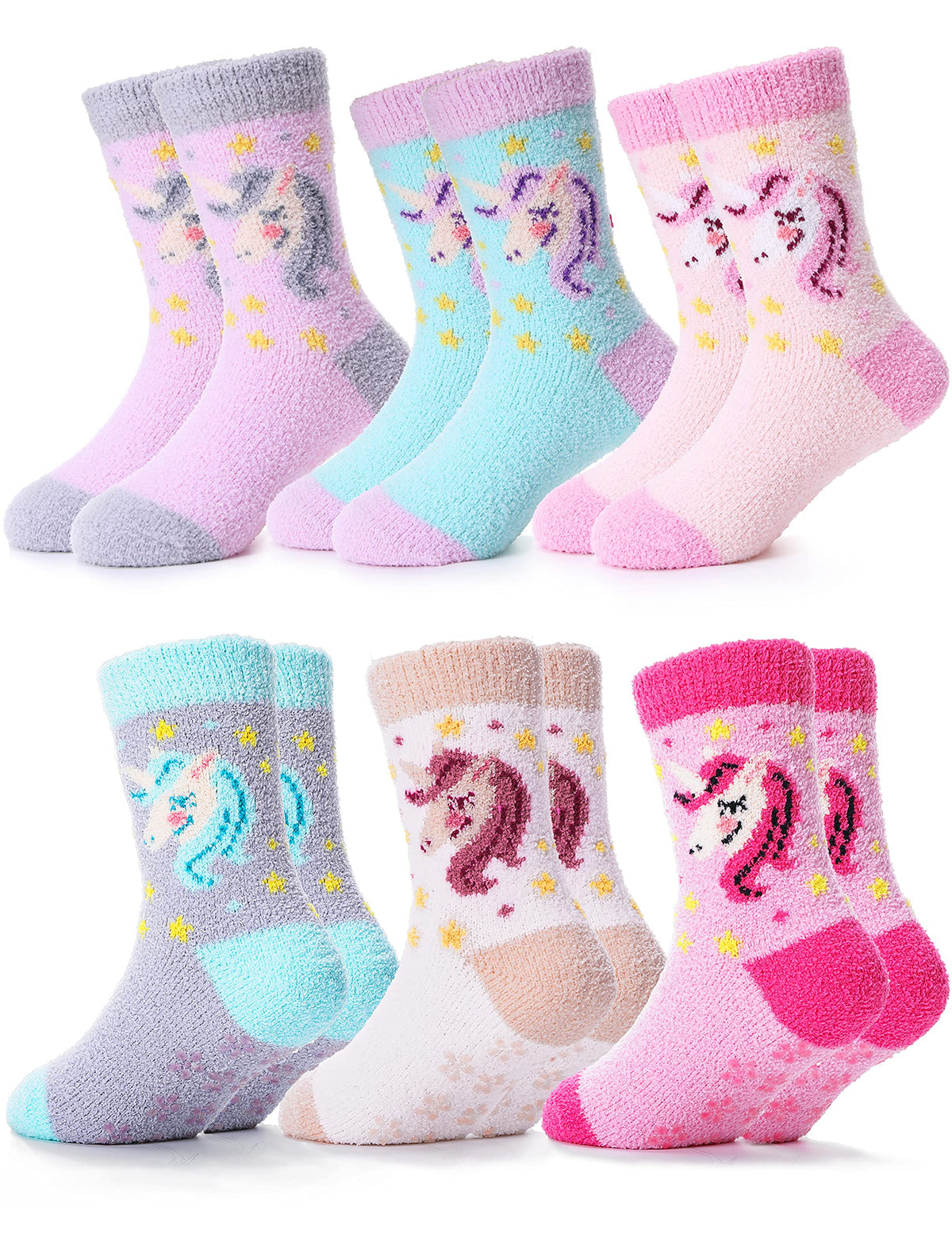 ANTSANG Kids Girls Toddlers Fuzzy Socks with Grips, Crew Socks 6 Pairs