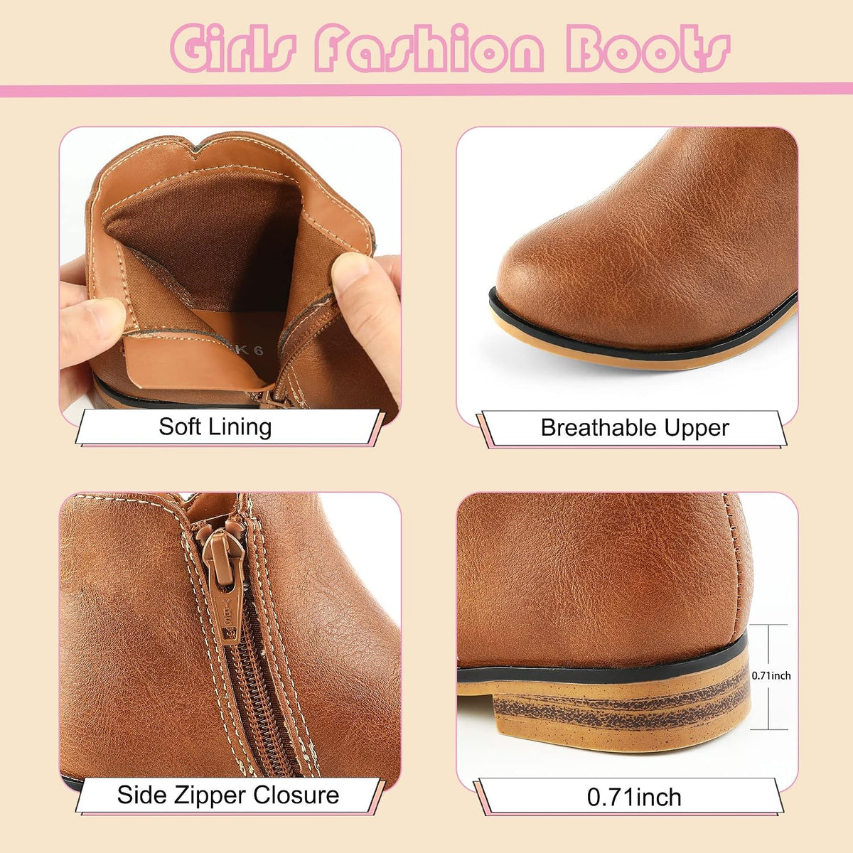Girls Boots Kids Ankle Boots With Zipper Dress Boot Low Heels Booties for Toddler Little Kids