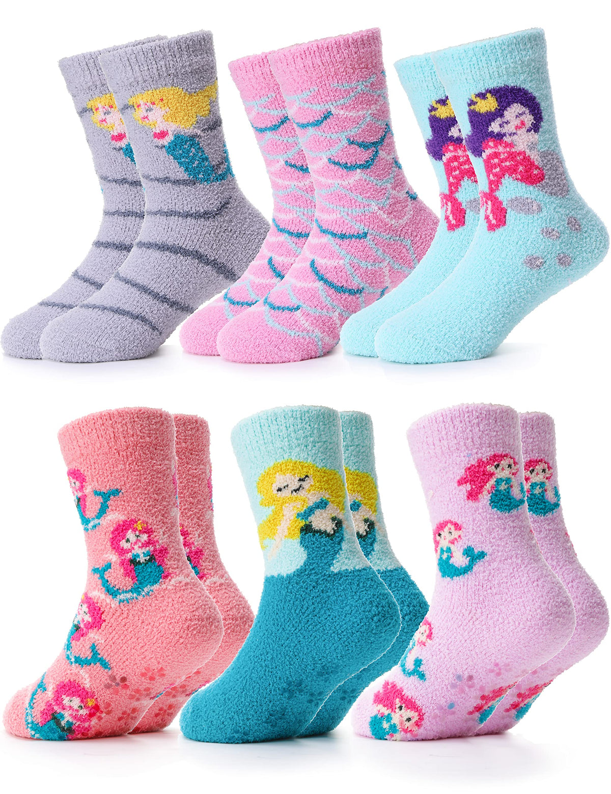 ANTSANG Kids Girls Toddlers Fuzzy Socks with Grips, Crew Socks 6 Pairs