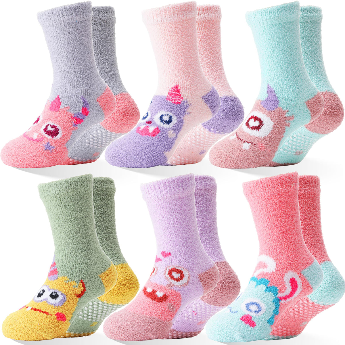 ANTSANG Kids Girls Toddlers Fuzzy Socks with Grips, Crew Socks 6 Pairs
