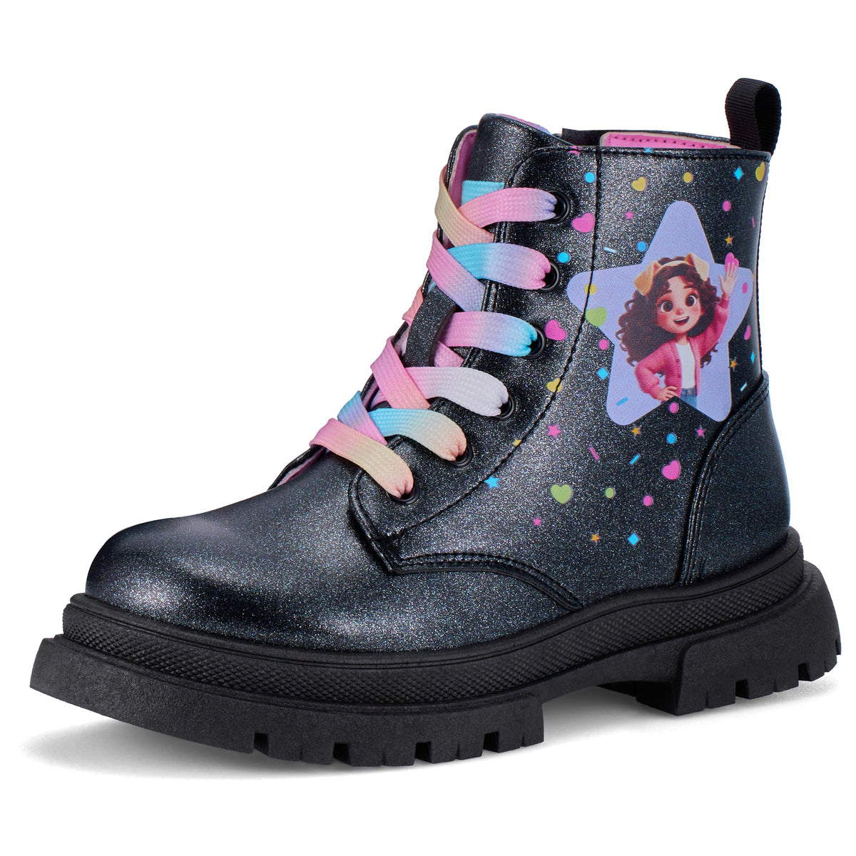 Girls Black Combat Ankle Boots Glitter with Front & Side Zippers