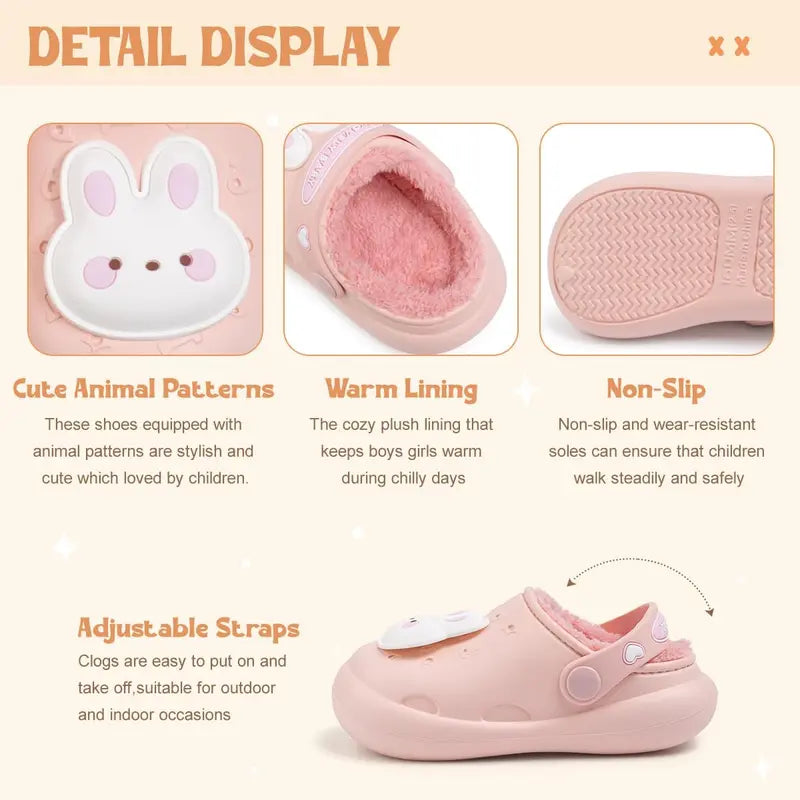 Girls' Chic Fur-Lined Clogs - Cartoon Animal Dinosaur Pattern, Flat Heel (1cm or Less), Lightweight Non-Slip Slip-On Toddler Little Kid Shoes, Warm Indoor-Outdoor Footwear (Check Foot Length for Size 7 Toddler/11 Little Kid), Cartoon Animal Elements