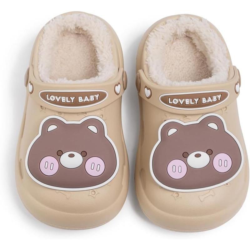 Girls' Chic Fur-Lined Clogs - Cartoon Animal Dinosaur Pattern, Flat Heel (1cm or Less), Lightweight Non-Slip Slip-On Toddler Little Kid Shoes, Warm Indoor-Outdoor Footwear (Check Foot Length for Size 7 Toddler/11 Little Kid), Cartoon Animal Elements