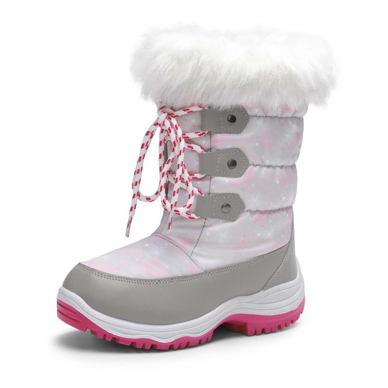 Dream Pairs Girls' Round Toe Mid-Calf Snow Boots - Water-Resistant Upper, Cozy Faux Fur Lining, Side Zipper, Laces, Warm, 9" Around, No Heel, High-Quality Fluff, for Outdoor Skiing, Making Snowmen, Size for 12-13 Years