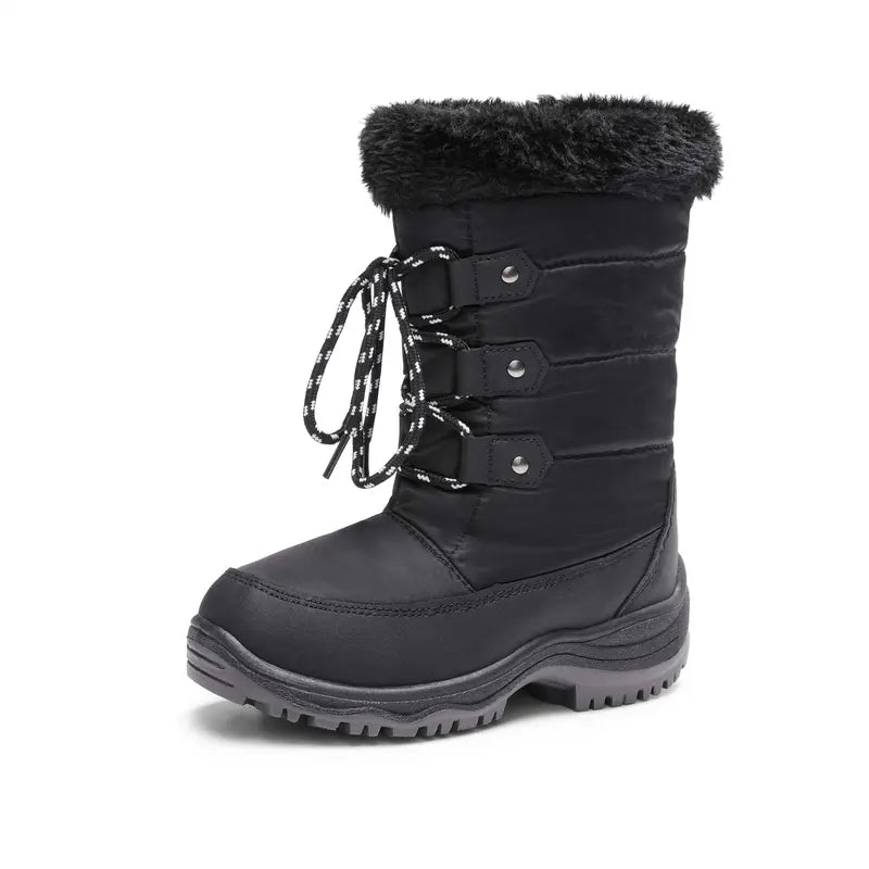 Dream Pairs Girls' Round Toe Mid-Calf Snow Boots - Water-Resistant Upper, Cozy Faux Fur Lining, Side Zipper, Laces, Warm, 9" Around, No Heel, High-Quality Fluff, for Outdoor Skiing, Making Snowmen, Size for 12-13 Years