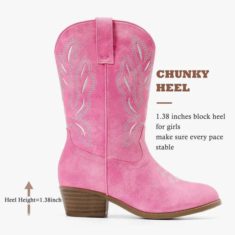 Girls' Mid-Calf Pointed Toe Synthetic Cowgirl Boots - 1 Pair, Side Zipper, Classic Stitch Detail Art Western Boho Footwear Boot, for Toddler Kids, Horse Riding & Party Use (Pairs with Jeans)